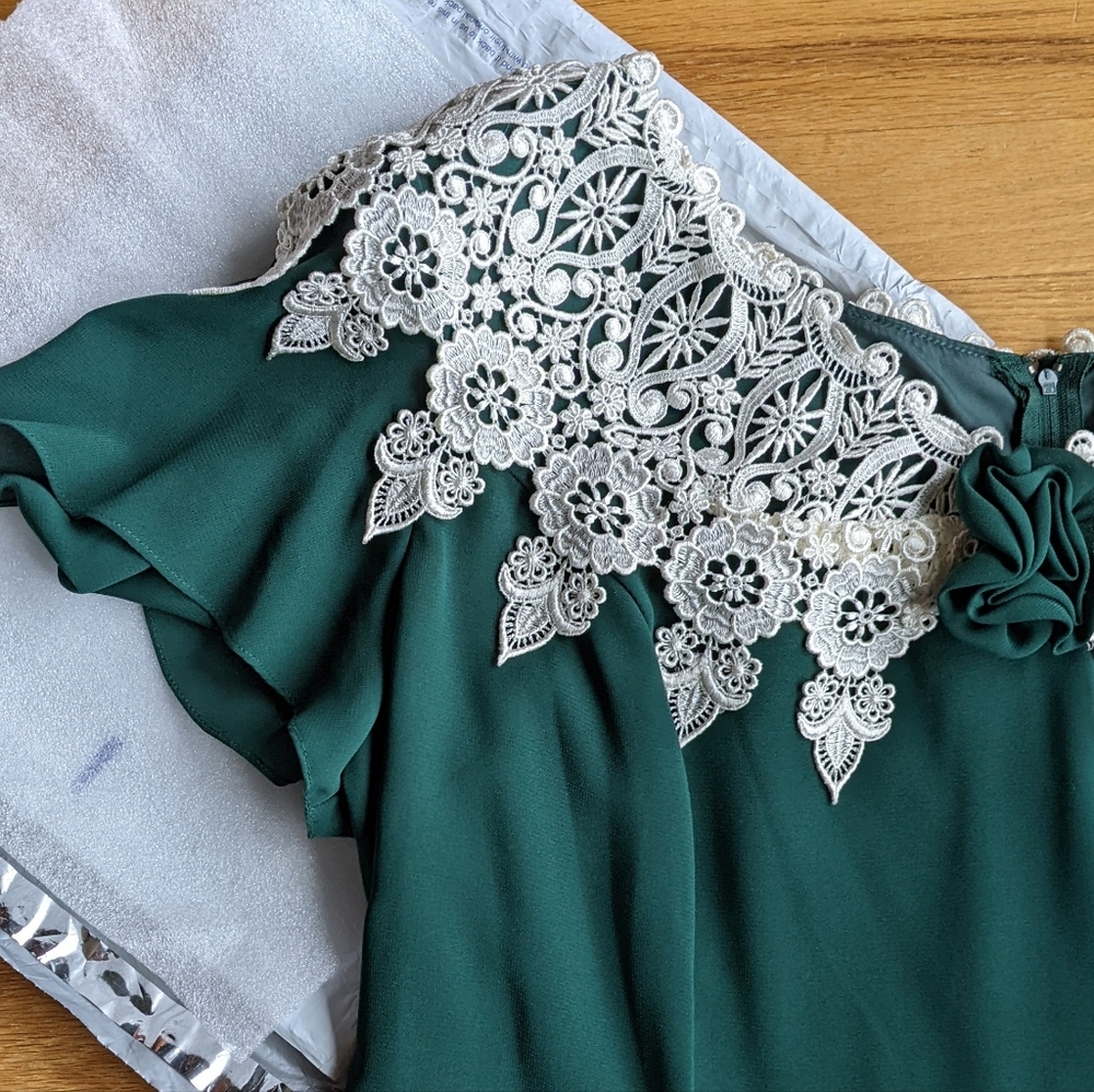 Scott McClintock Vintage Green Dress with Lace Rosette Neckline